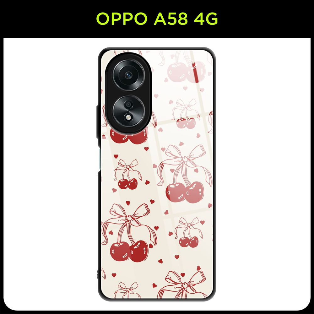 Стеклянный чехол на Oppo A58 4G / Оппо А58 4G с принтом "Новогодний - Вишни с бантиком паттерн 1"  #1