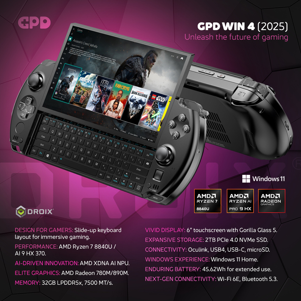 Игровой ноутбук GPD, 6, 232476454533, AMD Ryzen AI 9 HX 370, 32 ГБ
