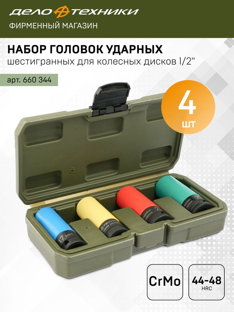 Набор головок ударных шестигранных для колесных дисков 1/2", 4 штуки