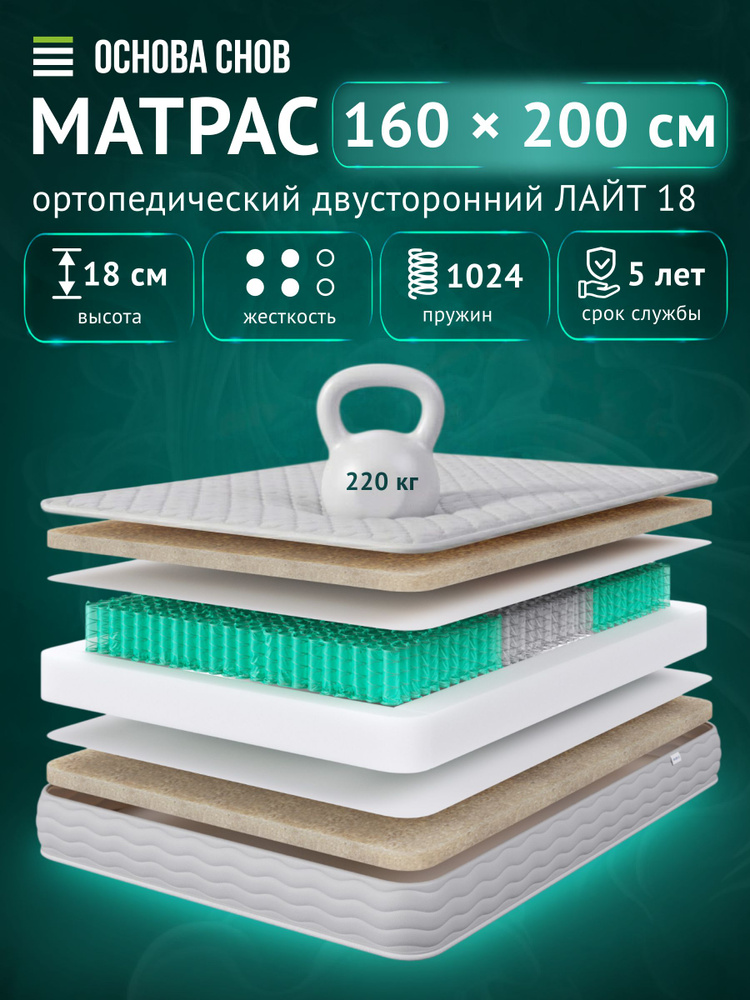 Матрас Лайт/Lite 18 160х200 ортопедический, независимые пружины, средняя жесткость, Белый #1