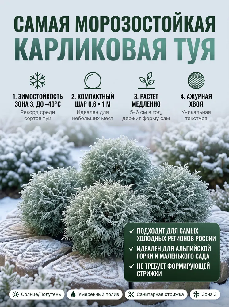 Саженец Туя западная Боулинг Болл, карликовая шаровидная, 1 саженец в горшке С3 (3л), (30 35 см) морозостойкая, 3 л