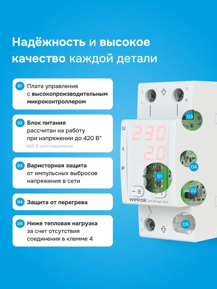 Реле контроля напряжения и тока Welrok VIP-63 RED, многофункциональное, 63А. Красная индикация, красный, фото 5
