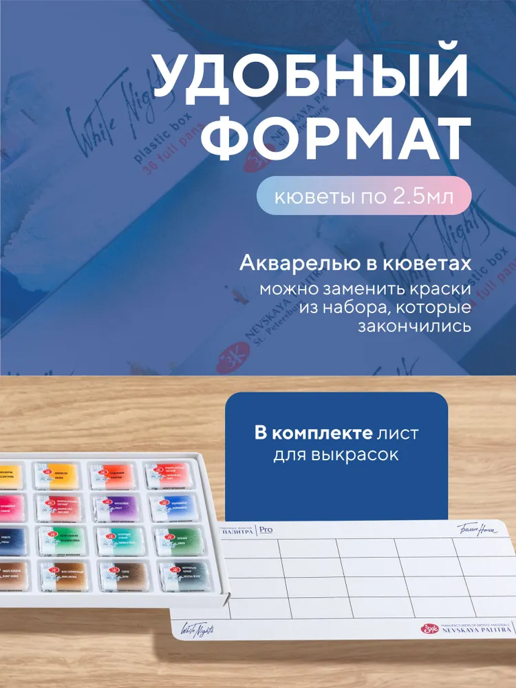 Акварельные краски Белые ночи для рисования 24 цвета акварель в кюветах художественная, 24 цв., фото 6