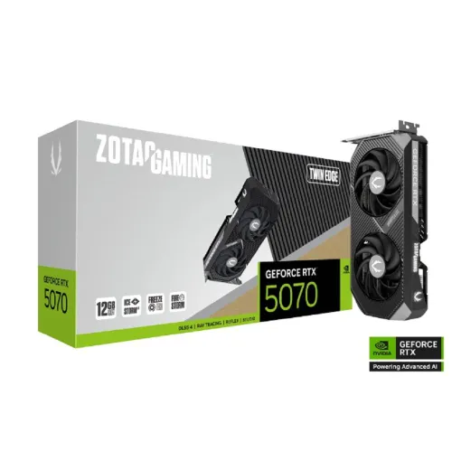 ZOTAC Видеокарта GeForce RTX 5070 TWIN EDGE 12Gb GDDR7, PCI-E x16 5.0, 192bit/2325-2512Mhz, 3xDP, HDMI 12 ГБ (ZT-B50700E-10P)