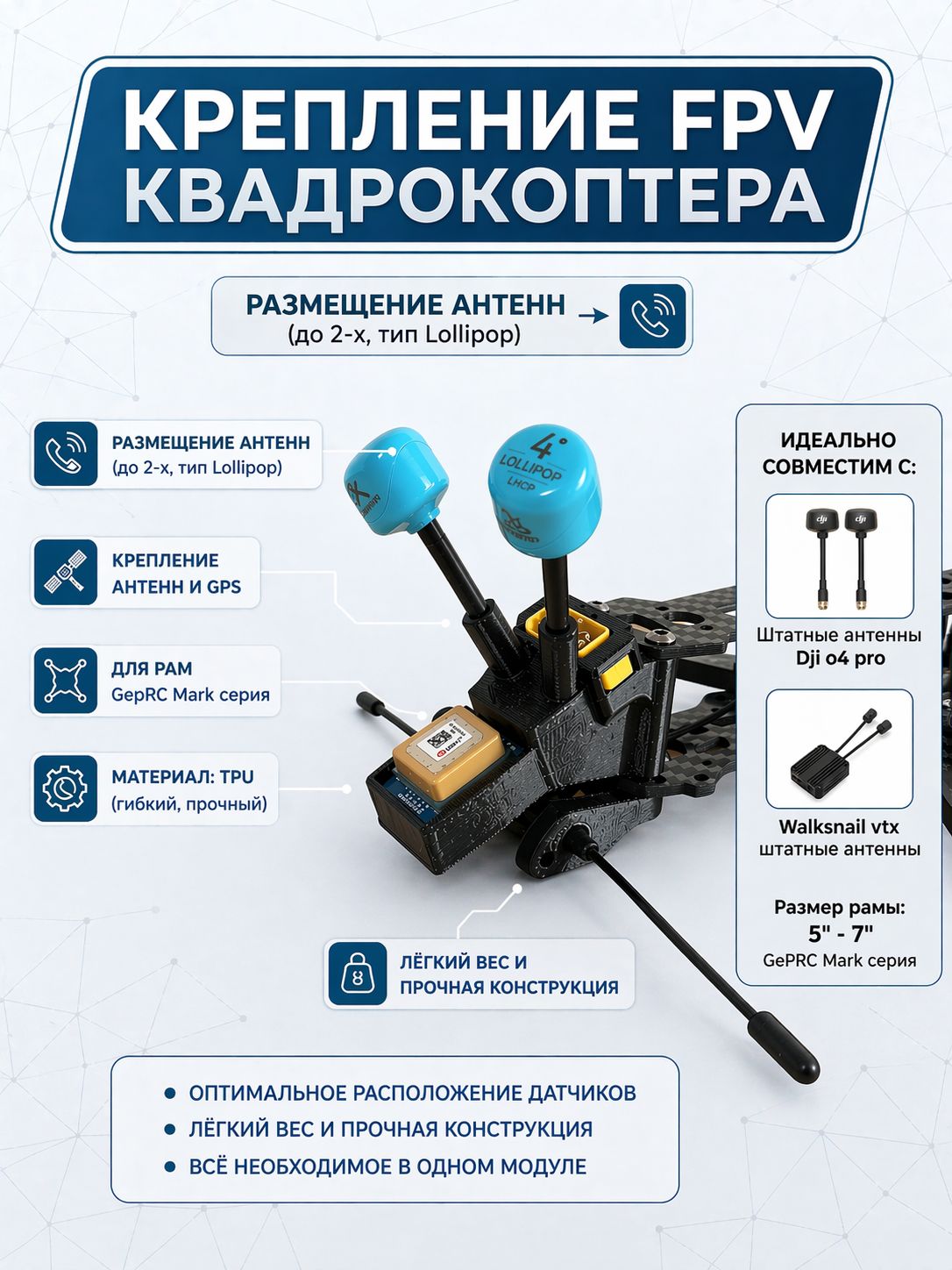 Маунт,креплениеfpvквадрокоптера,длярамы5-7дюймовceprcmark,креплениеантенн,Gpsмодуля.ИдеальносовместимсоштатнымиантеннамиDjio4pro,Walksnailvtx