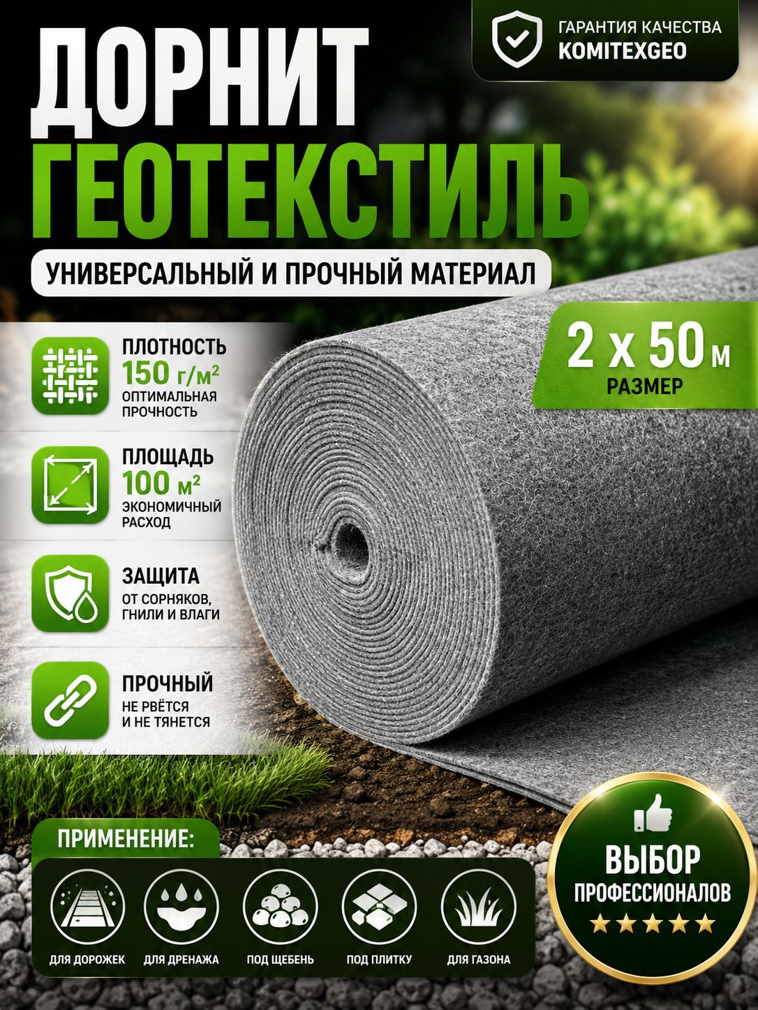 Геотекстильдорнит150г/м2(2х50)иглопробивной