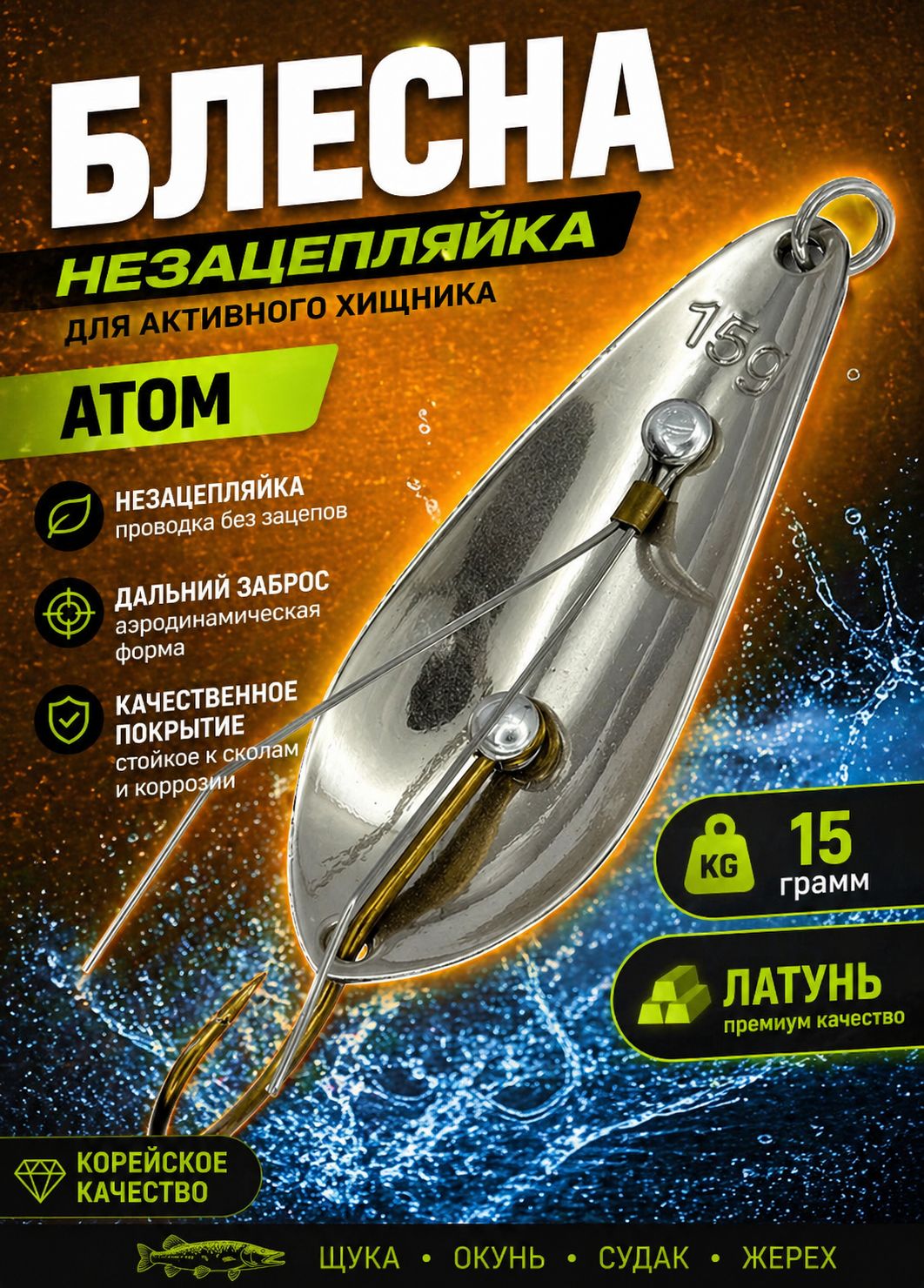 Блесна незацепляйка колебалка атом на щуку, жереха и судака