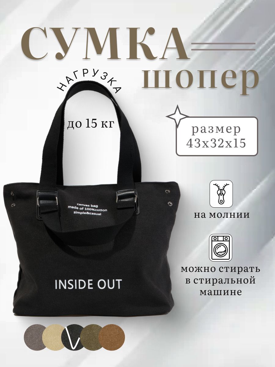 Сумкашопперженскаятканеваянамолнии,черная,43x32x15см.
