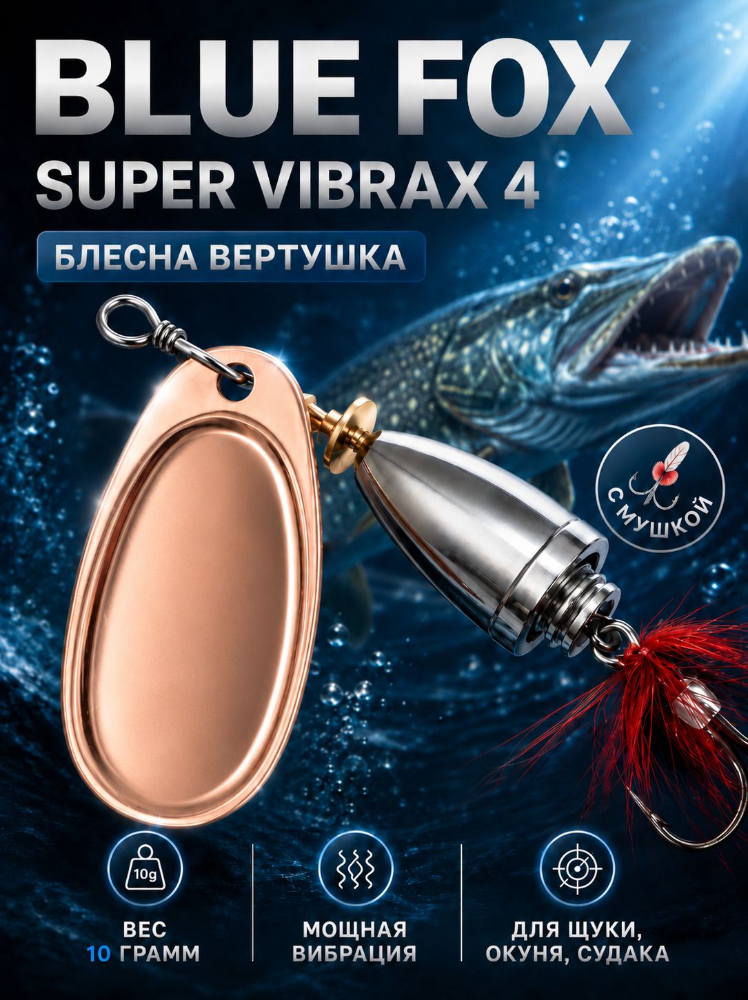 Блесна BLUE FOX № 4 с мушкой на щуку, жереха, судака