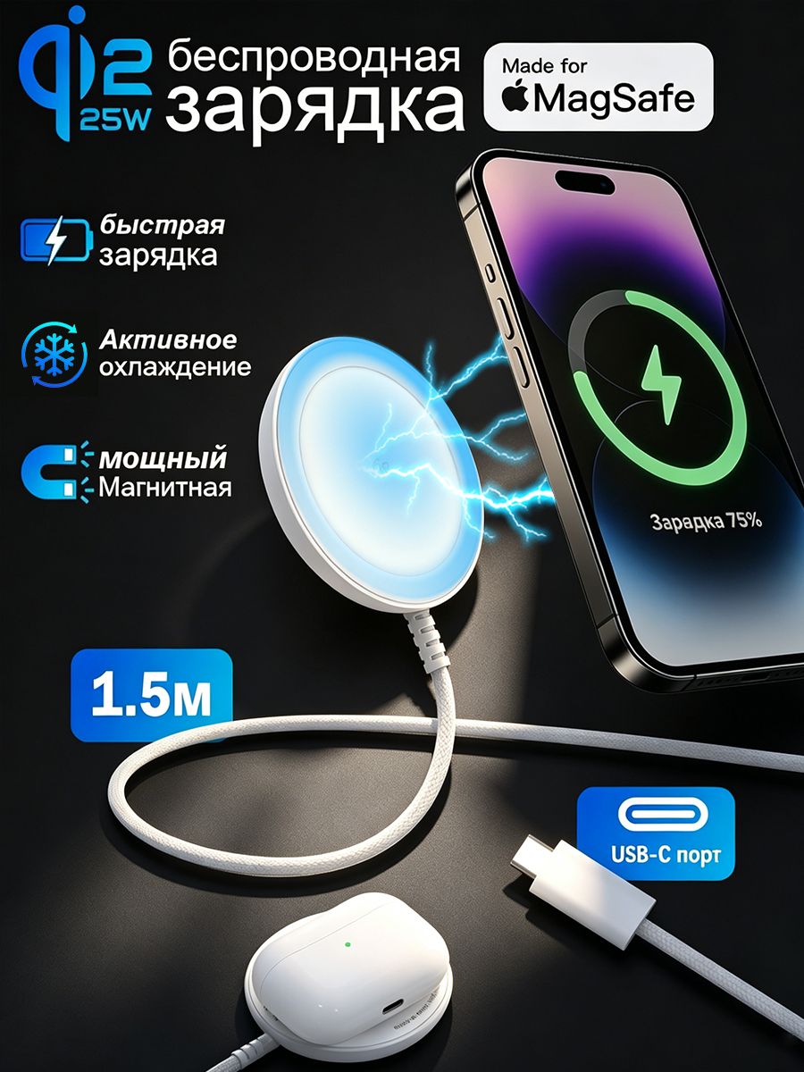 Беспроводная зарядка для iPhone, MagSafe зарядка,25W,быстрая, магнитная, с кабелем 1.5м, для AirPods и Samsung,M43