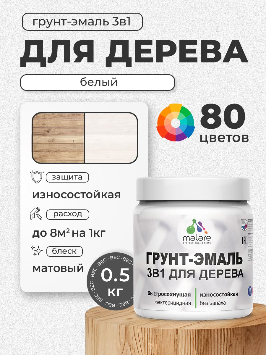 Акриловая Грунт-Эмаль 3 в 1 Malare для деревянных поверхностей с антисептическим эффектом, быстросохнущая, моющаяся без запаха матовая, белый, 0.5 кг