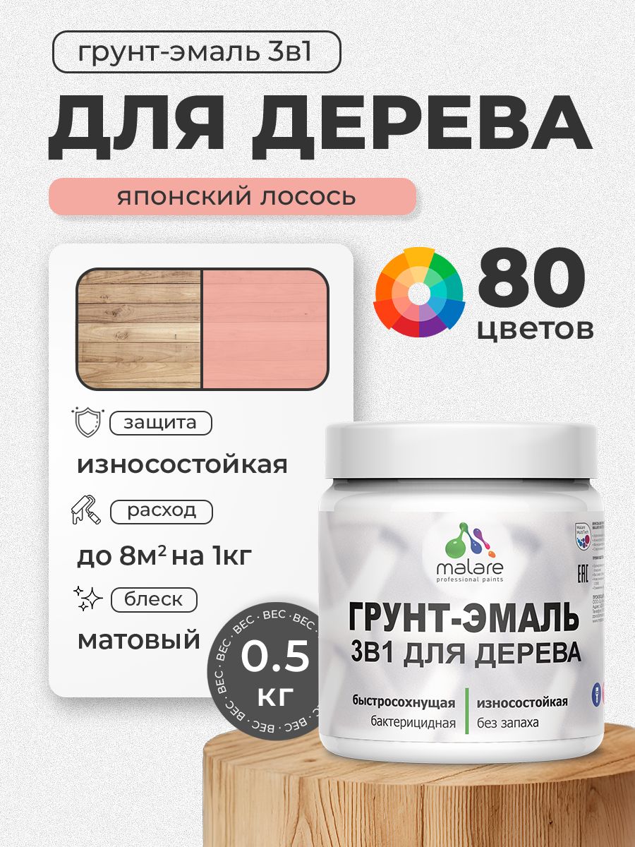 Акриловая Грунт-Эмаль 3 в 1 Malare для деревянных поверхностей с антисептическим эффектом, быстросохнущая, моющаяся без запаха матовая, японский лосось, 0.5 кг