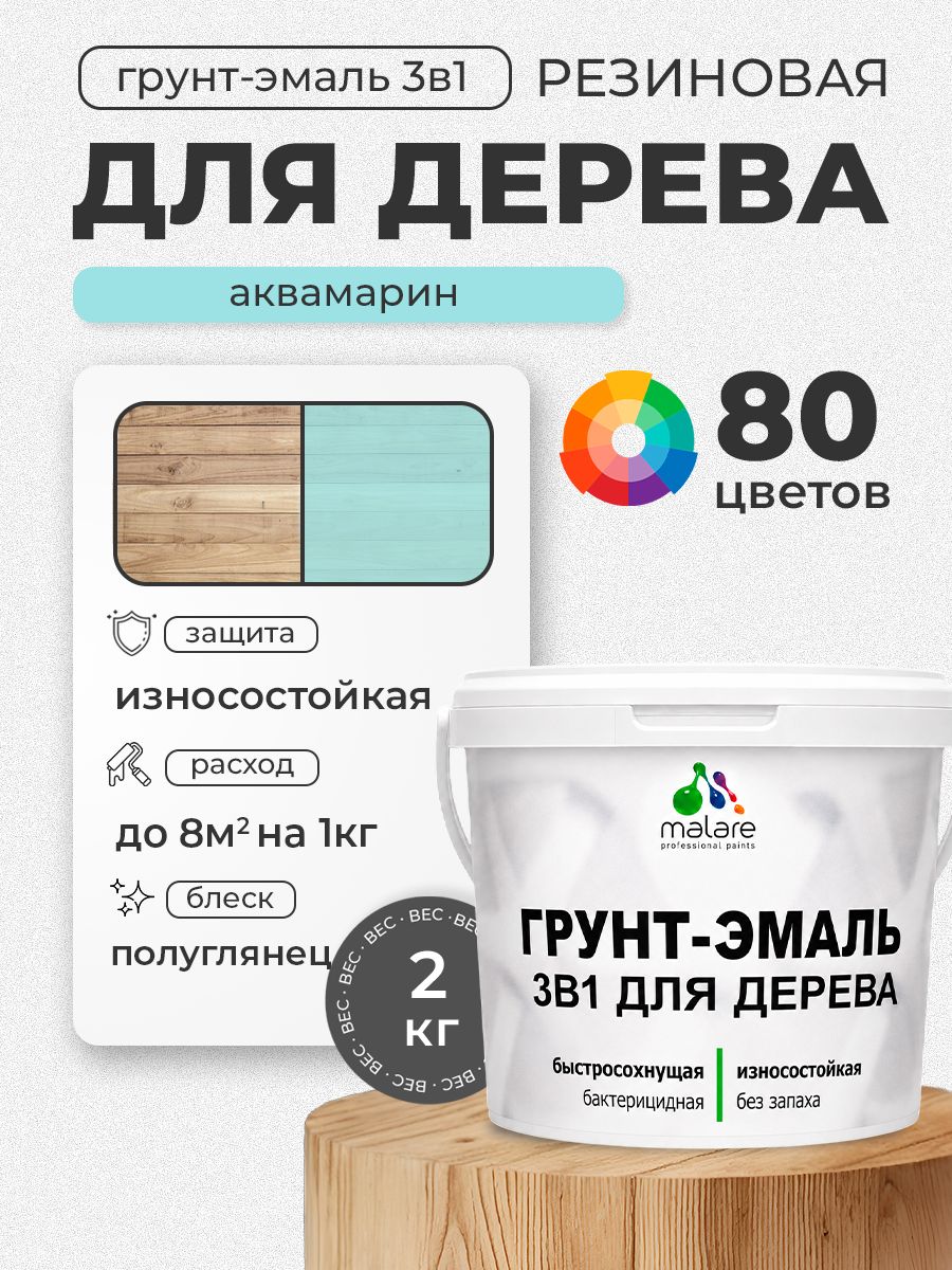 Латексная Грунт-Эмаль 3 в 1 Malare для деревянных поверхностей с антисептическим эффектом, быстросохнущая моющаяся без запаха полуглянцевая, аквамарин, 2 кг