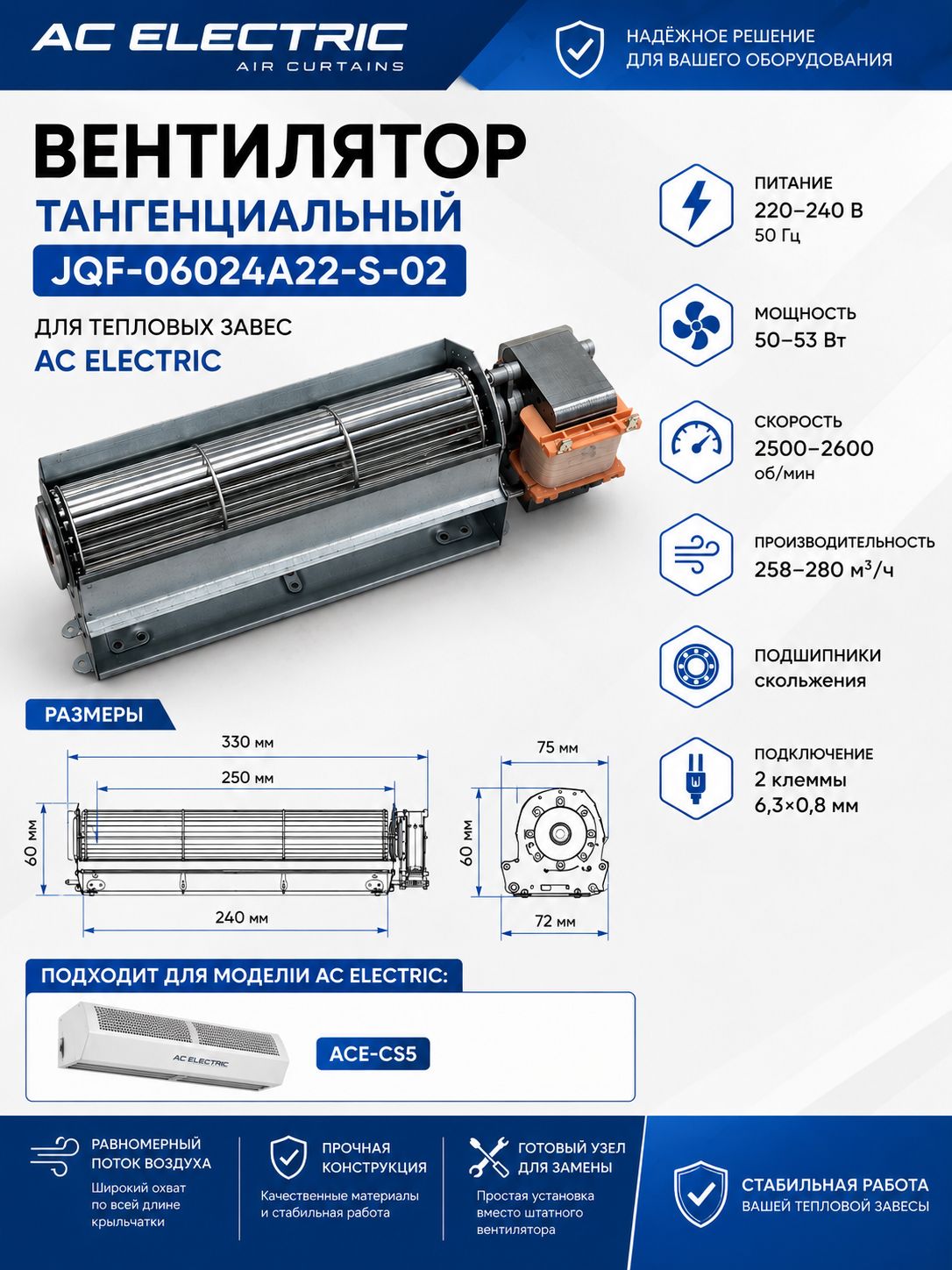 Вентилятор тангенциальный JQF-06024A22-S-02 220В для тепловой завесы