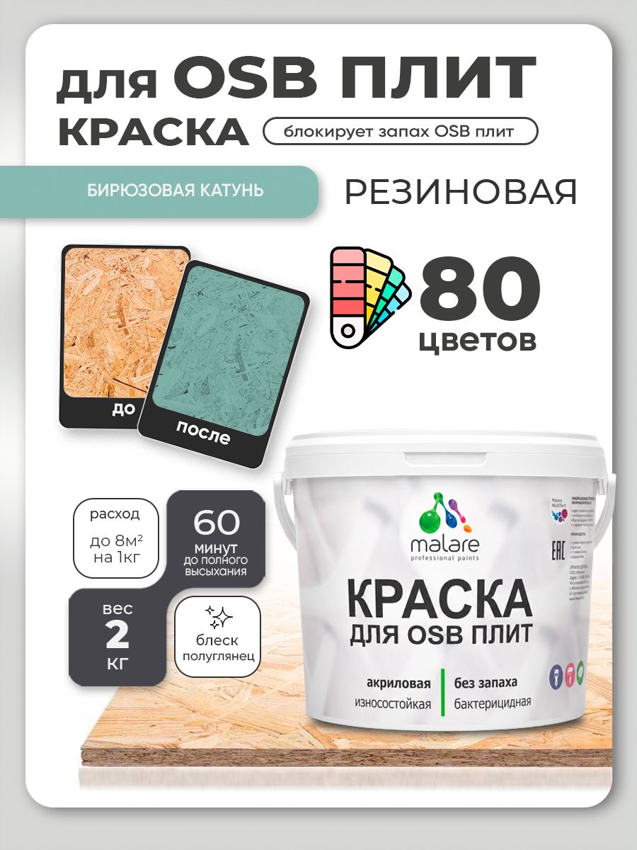Резиновая краска для ОСБ плит Malare акриловая краска для дерева для наружных и внутренних работ, быстросохнущая без запаха полуглянцевая, бирюзовая катунь, 2 кг