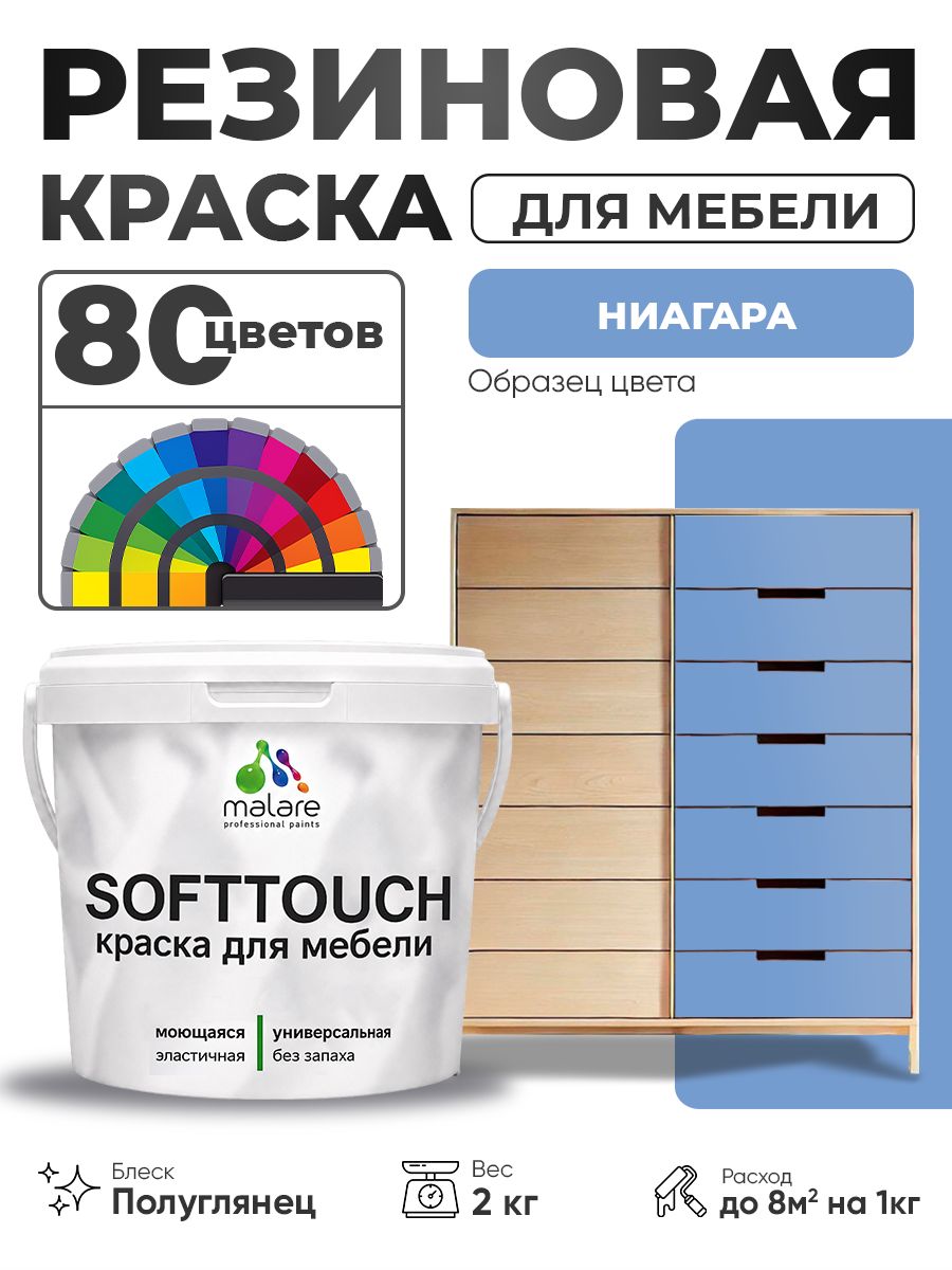 Резиновая краска для мебели Malare SoftTouch для кухонных фасадов для дерева и МДФ, моющаяся быстросохнущая, полуглянцевая, ниагара, 2 кг.