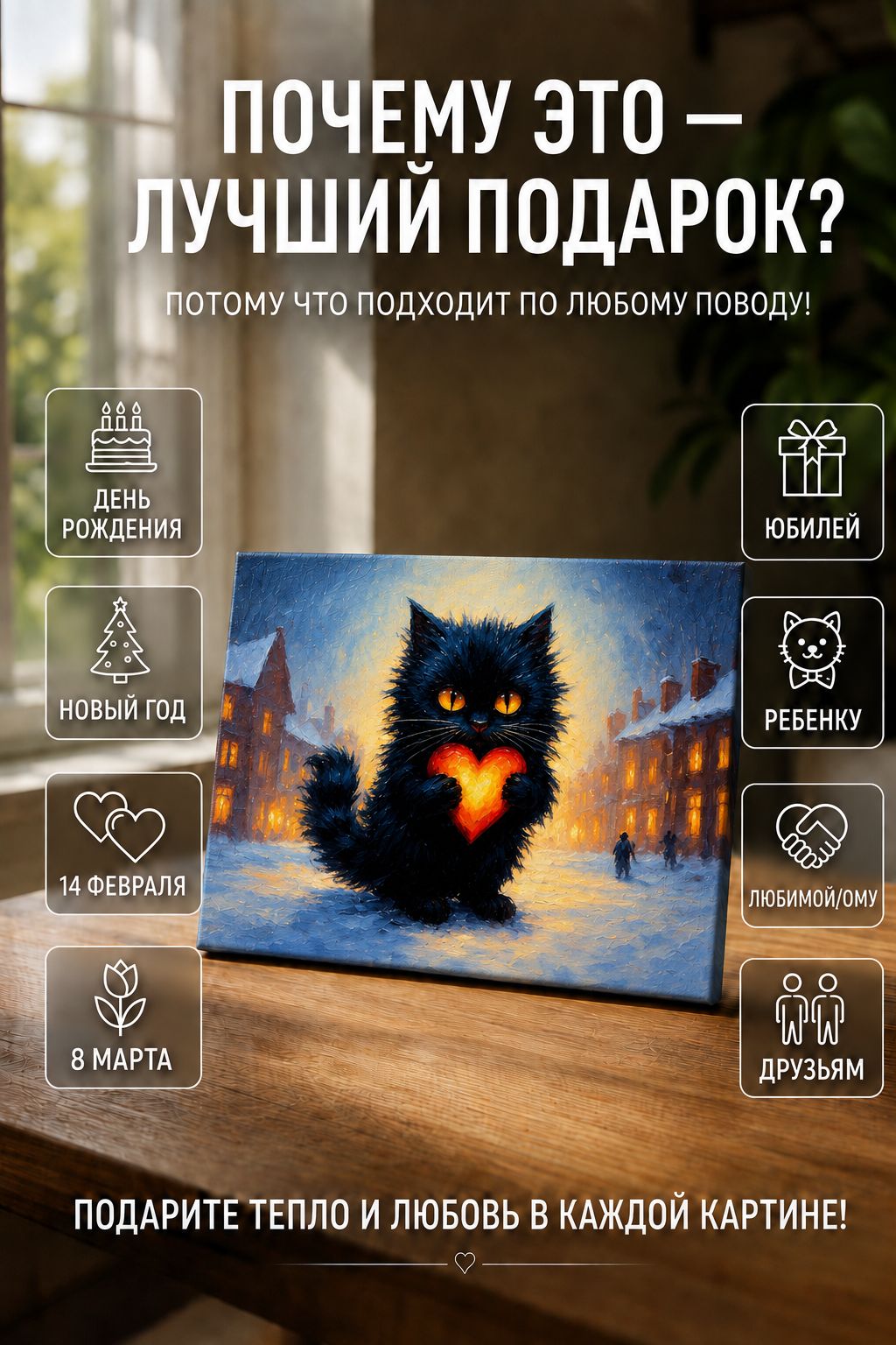 Пушистый котик с сердечком зимой