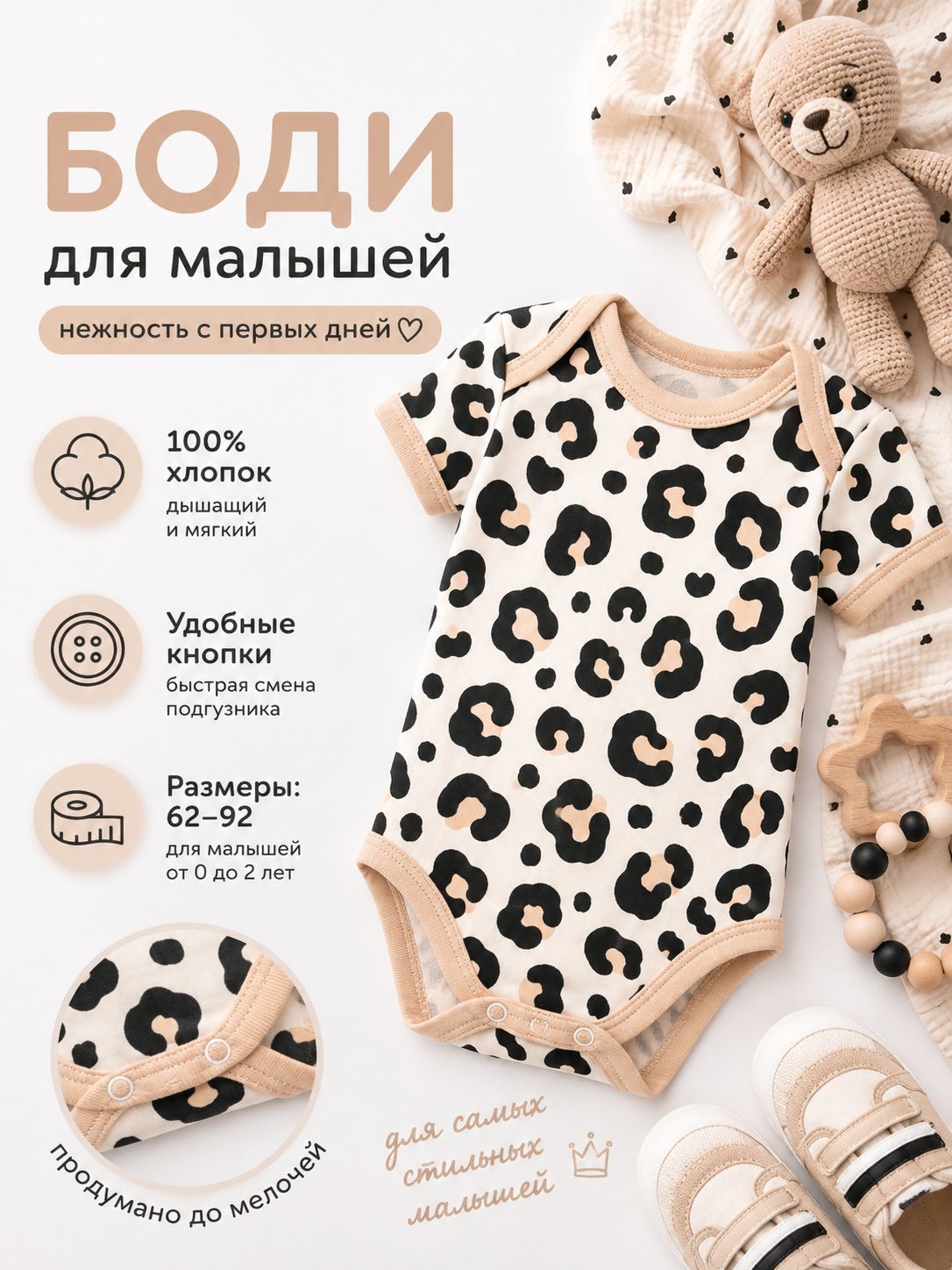 Боди для новорожденных девочек, Крошка Я Леопард, 86-92