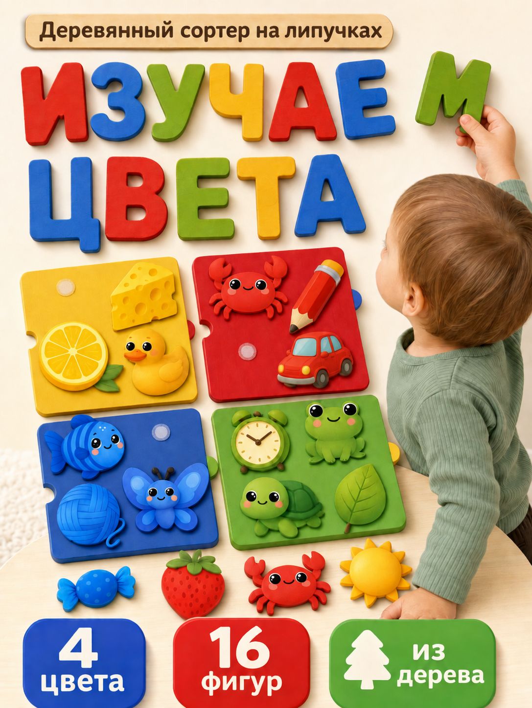 Пазлы на липучках "Изучаем цвета", липучки для малышей