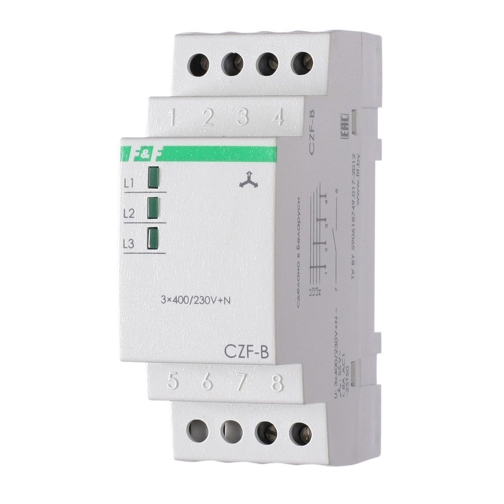 Реле контроля фаз Евроавтоматика F&F CZF-B, 3х400/230+N, 8А, IP20. EA04.001.002, асимметрия 55В, 2 модуля, монтаж на DIN-рейке