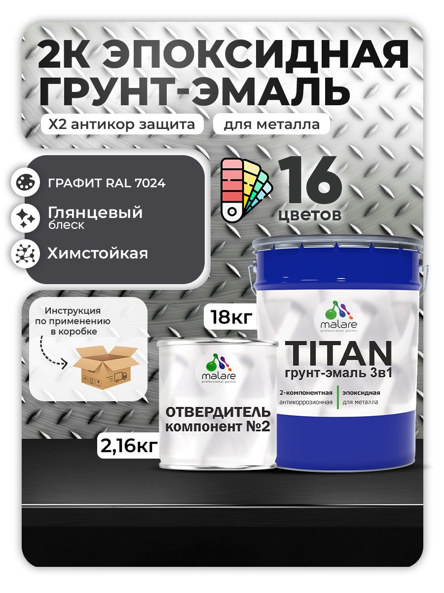 2К Эпоксидная грунт-эмаль Malare TITAN по металлу, двухкомпонентная для агрессивных сред и экстремальных условий, износостойкая, RAL 7024 графитово-серый, глянцевая, (18 кг + 2,16кг отвердитель)