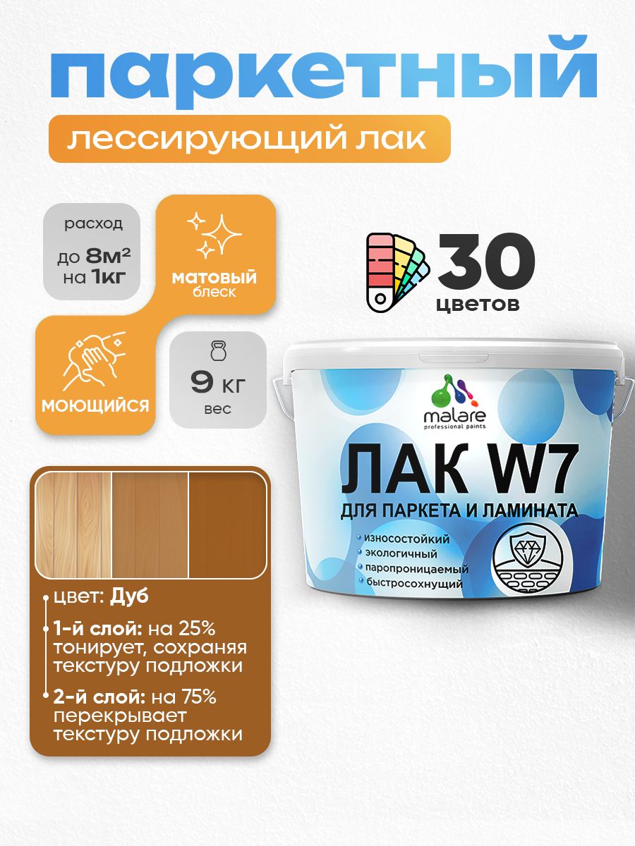 Лак колерованный тонирующий для паркета и ламината Malare W7 для дерева и минеральных поверхностей, износостойкий, водный без запаха, матовый, дуб, 9 кг.