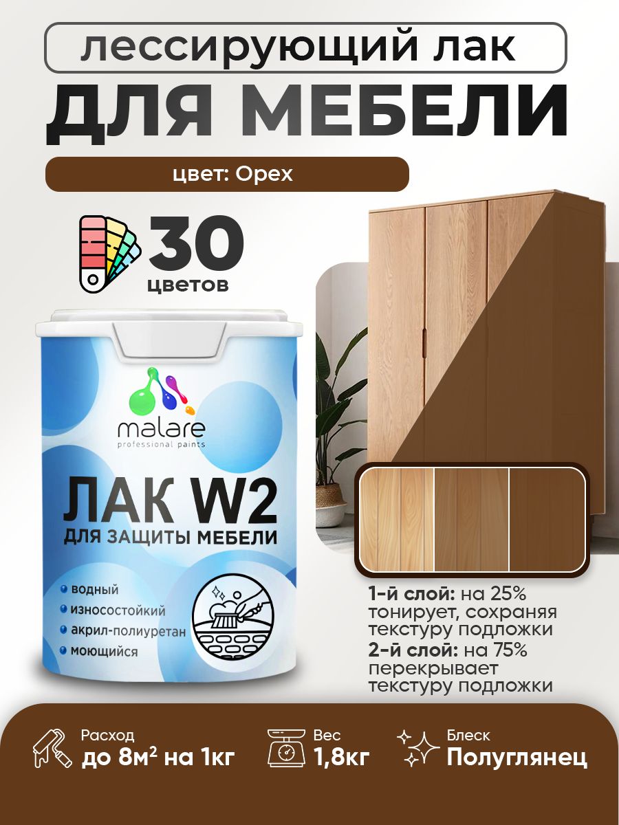 Лак колерованный тонирующий лак для мебели Malare W2 для кухонных фасадов, для дерева и минеральных поверхностей, акриловый быстросохнущий без запаха, полуглянцевый, орех, 1.8 кг.