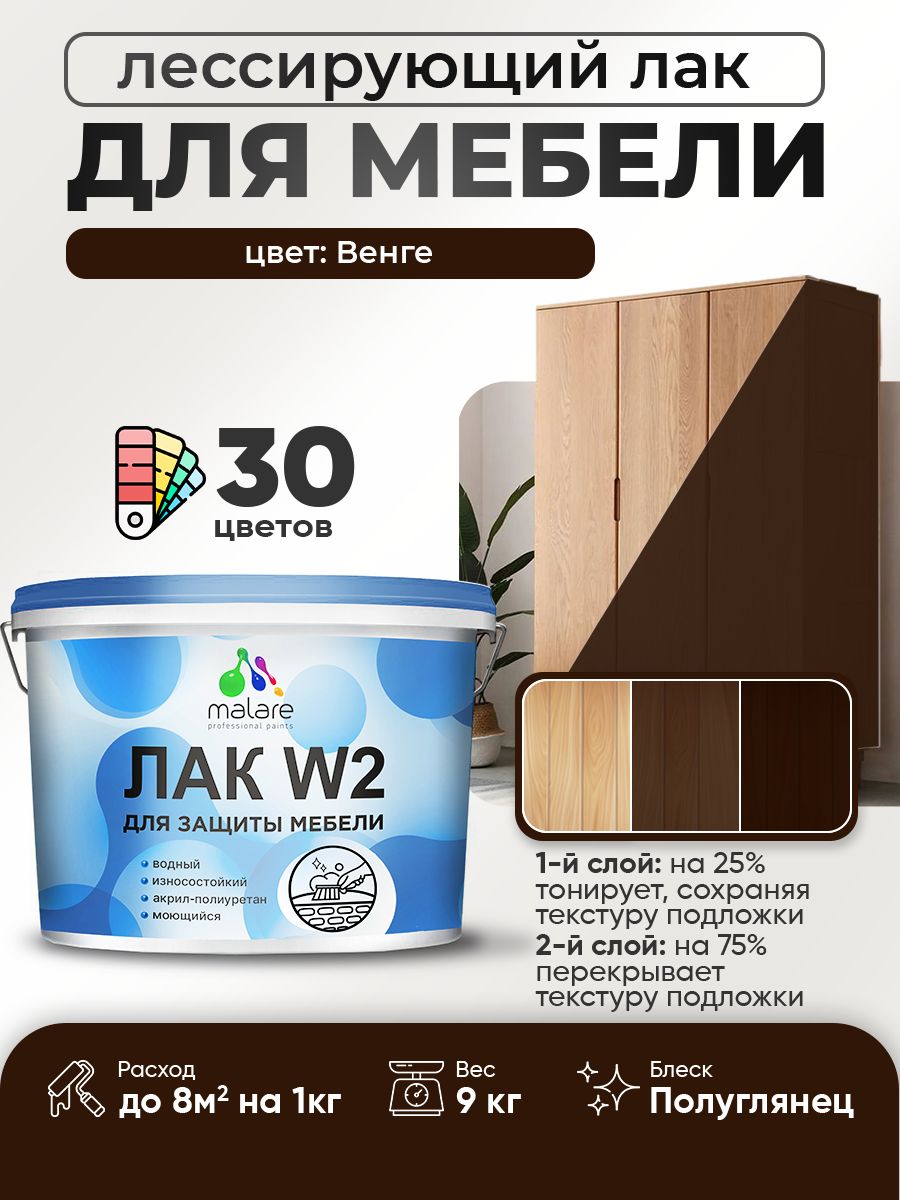 Лак колерованный тонирующий лак для мебели Malare W2 для кухонных фасадов, для дерева и минеральных поверхностей, акриловый быстросохнущий без запаха, полуглянцевый, венге, 9 кг.