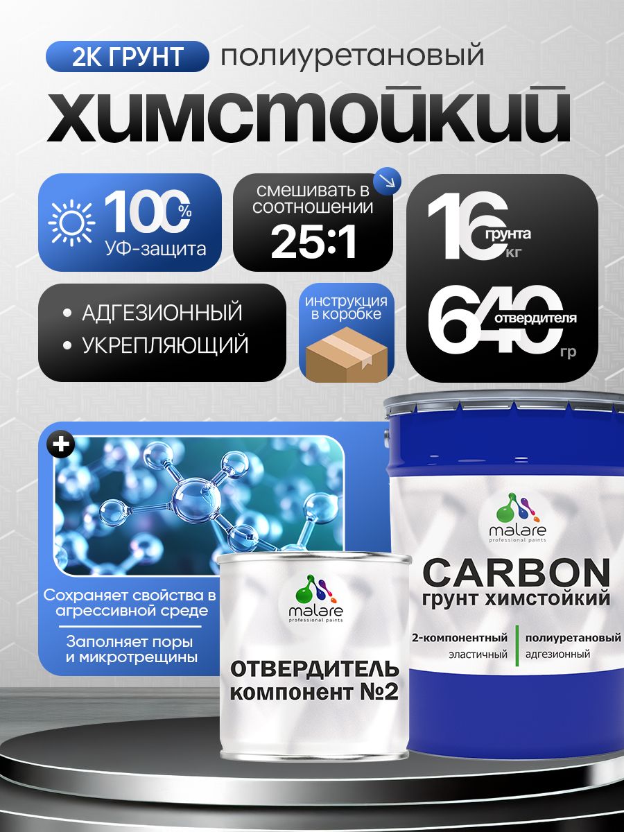 2К Полиуретановый грунт Malare CARBON химстойкий, двухкомпонентный адгезионный выравнивающий высокопрочный износостойкий укрепляющий УФ-стойкий эластичный (16 кг + 640 гр отвердитель)