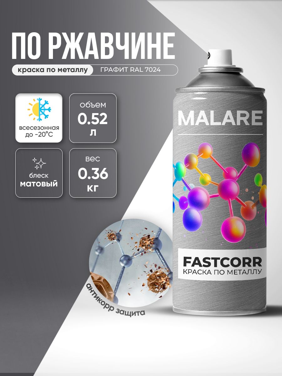 Аэрозольная краска для металла по ржавчине Malare FastCorr, для наружных работ износостойкая, быстросохнущая RAL 7024 графитово-серый(темный), матовая, 520 мл