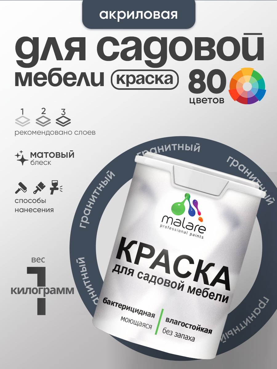 Акриловая краска Malare для садовой мебели/ по дереву, для наружных и внутренних работ/ быстросохнущая моющаяся без запаха матовая, гранитный, 1 кг