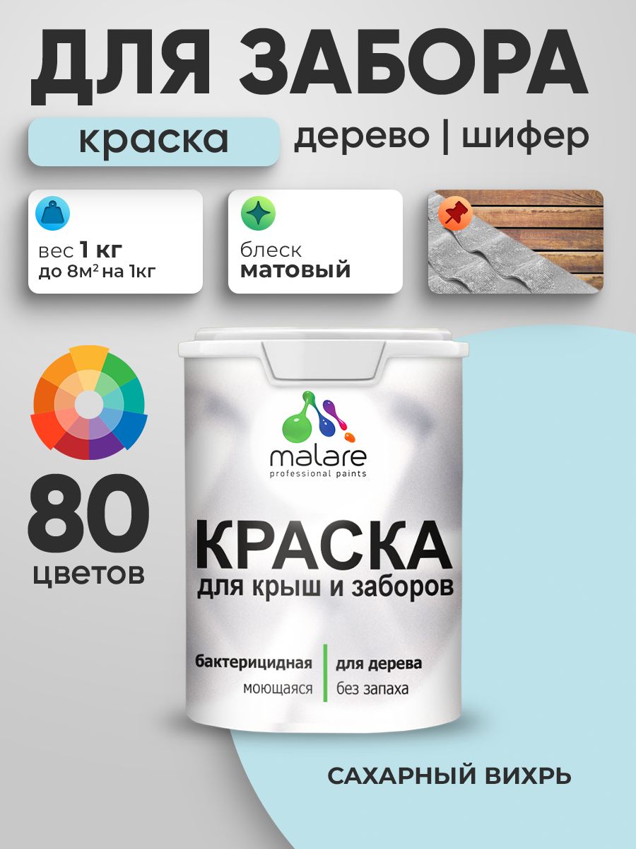 Акриловая краска Malare для деревянного забора/ по дереву для наружных и внутренних работ/ быстросохнущая моющаяся без запаха, матовая, сахарный вихрь, 1 кг.