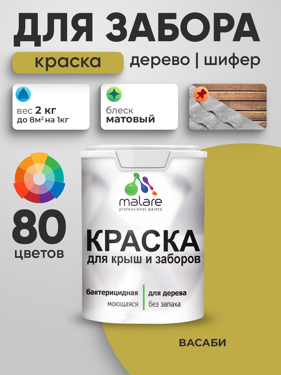 Акриловая краска Malare для деревянного забора/ по дереву для наружных и внутренних работ/ быстросохнущая моющаяся без запаха, матовая, васаби, 2 кг.