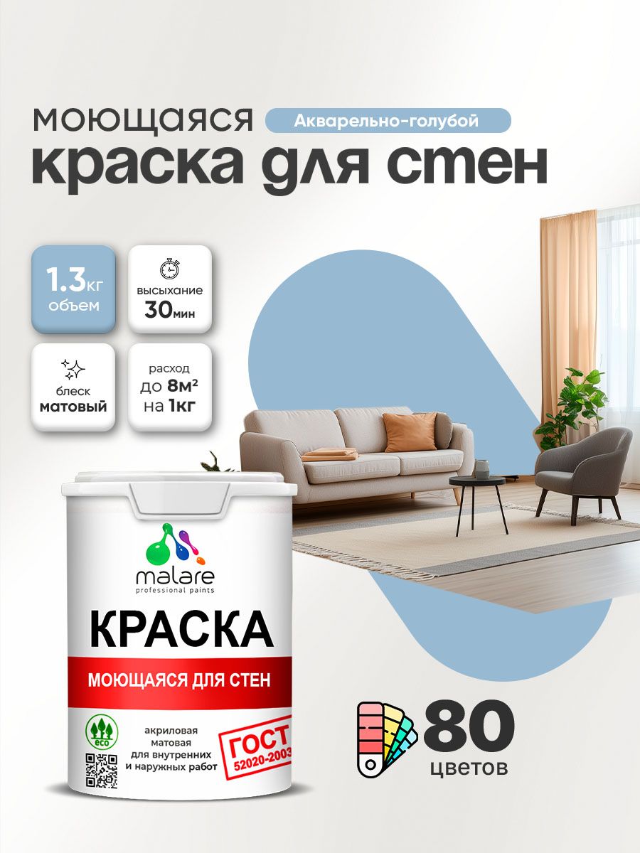 Моющаяся акриловая Краска Malare «ГОСТ» для стен и обоев, для потолка, универсальная для внутренних и наружных работ, быстросохнущая без запаха, матовая, акварельно-голубой, (1л — 1.3кг)