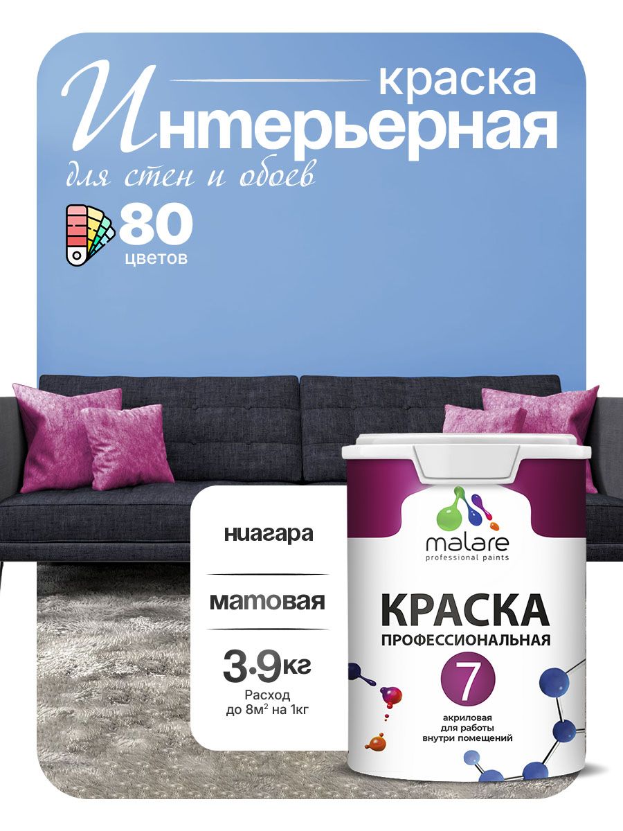Краска Malare Professional Euro №7 интерьерная для стен и обоев, для потолка, акриловая, быстросохнущая, без запаха, матовая, ниагара, (2.7л - 3.9кг)