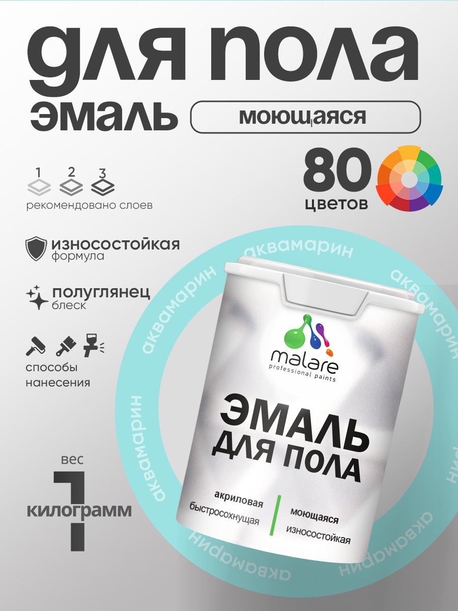 Эмаль для пола акриловая Malare краска для бетонных полов по дереву/ износостойкая без запаха, быстросохнущая моющаяся полуглянцевая, аквамарин, 1 кг