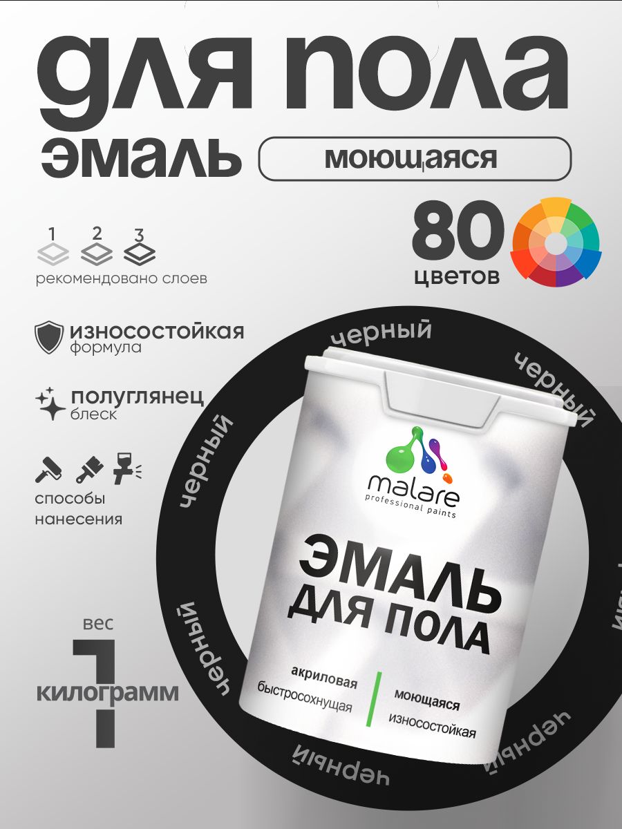 Эмаль для пола акриловая Malare краска для бетонных полов по дереву/ износостойкая без запаха, быстросохнущая моющаяся полуглянцевая, черный, 1 кг