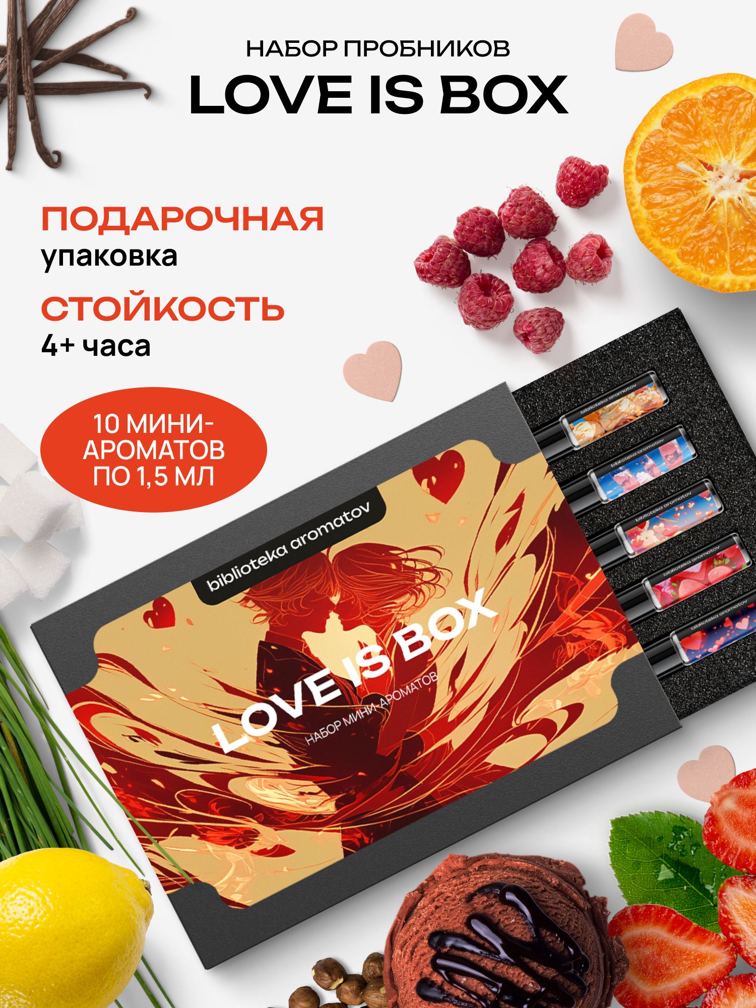 Набор духов женские и мужские пробники 10 ароматов "Любовь - это", Библиотека ароматов