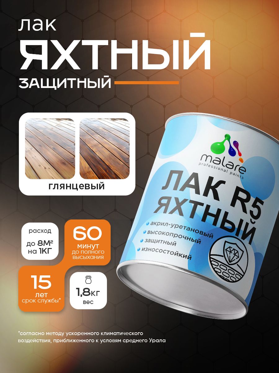 Яхтный лак Malare R5 Professional для дерева металла и минеральных поверхностей, износостойкий, акрил-уретановый, универсальный, прозрачный глянцевый, 1,8 кг.