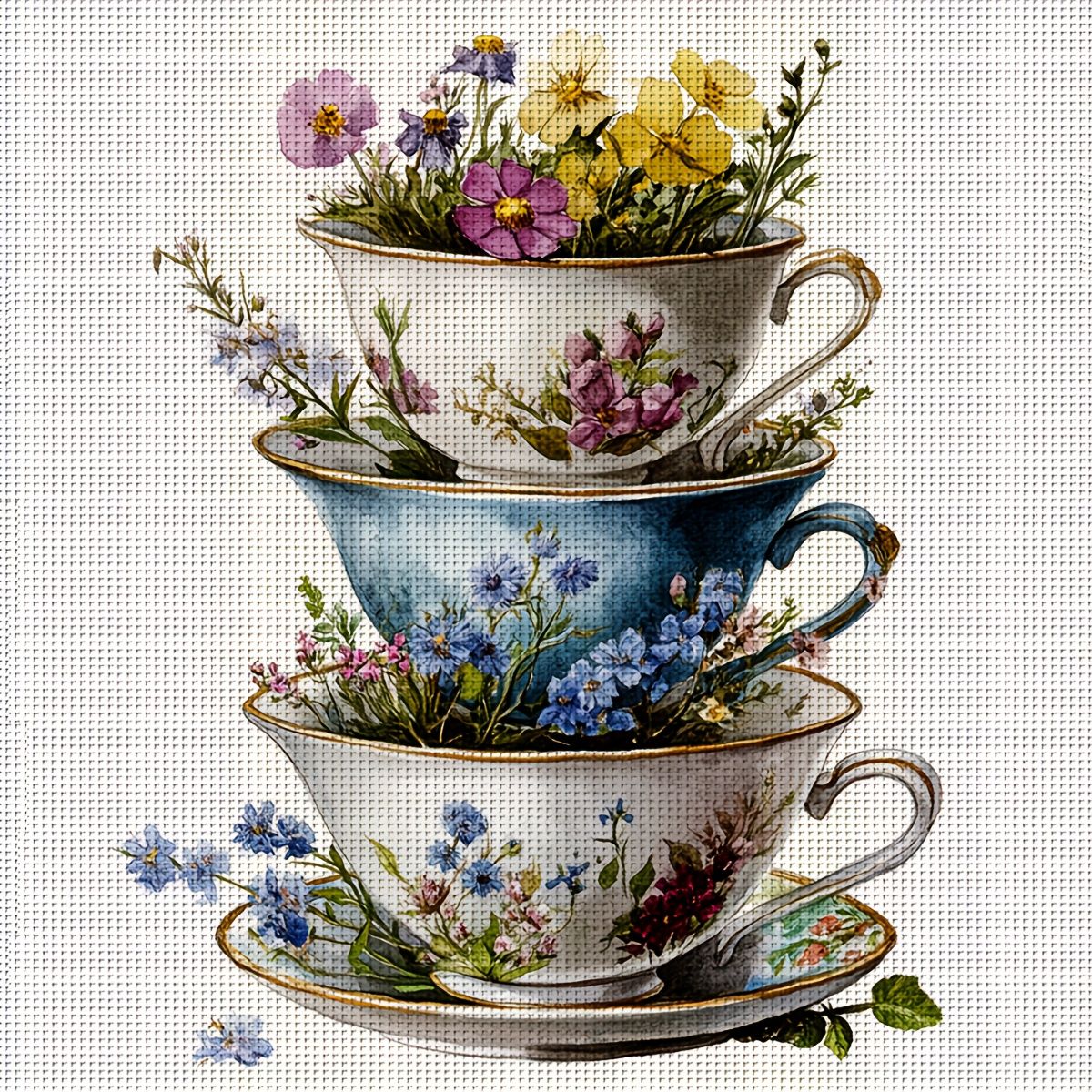 Наборыдлявышивки,безрамы,Полотенце40x40cm,рисунок35x35cm,11CTпринт,наборыдлявышивкикрестом,"Чайныечашкиицветы"