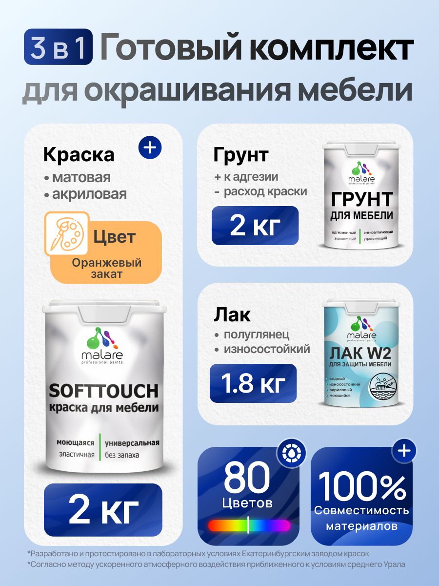 Комплект Malare SoftTouch для окрашивания мебели (2кг грунт + 2кг краска + 1.8кг лак) акриловый без запаха быстросохнущий полуглянцевый, цвет оранжевый закат