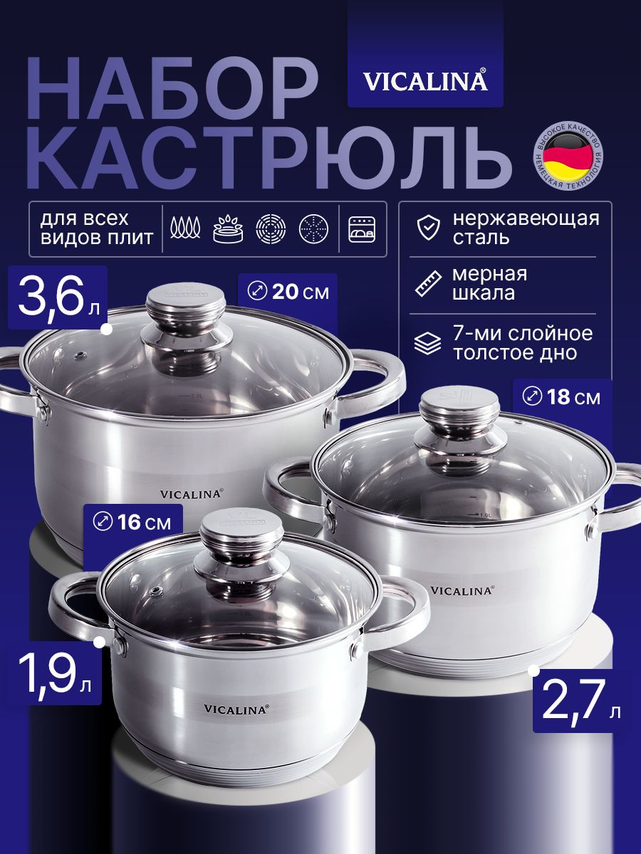 Набор кастрюль с крышкой из нержавеющей стали, для всех типов плит, 1.9 л 2.7 л 3.6 л