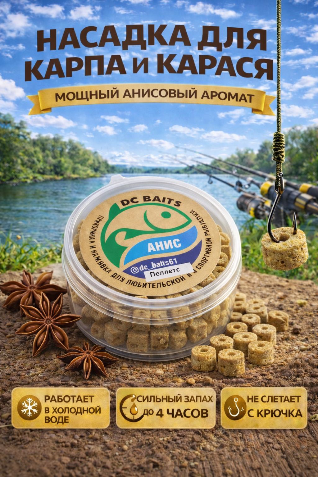 Пеллетскрупный"Анис"длякарпаикарася,насадканакрючок,сильныйзапахдо4часов,дляхолоднойводы