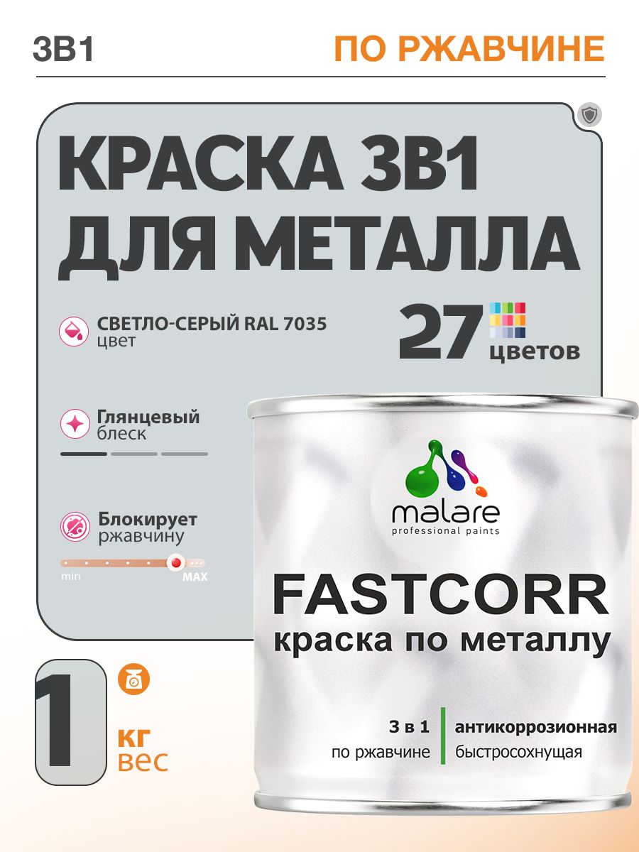Краска для металла по ржавчине Malare FastCorr, для наружных работ износостойкая, быстросохнущая RAL 7035 светло-серый, глянцевая, 1 кг