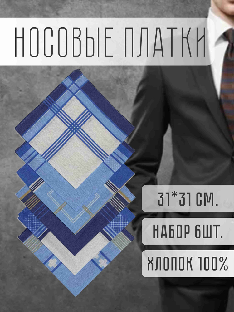 Носовые платки мужские синие хлопок 100% набор из 6 шт. Размер 31х31см. #1