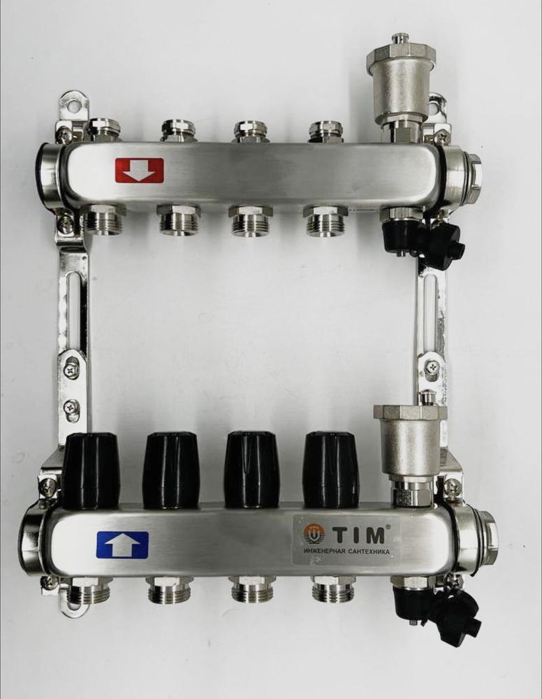 Коллектор для отопления TIM на 4 выхода из нержавеющей стали без расходомеров 1" - 3/4" евроконус и фитинг #1
