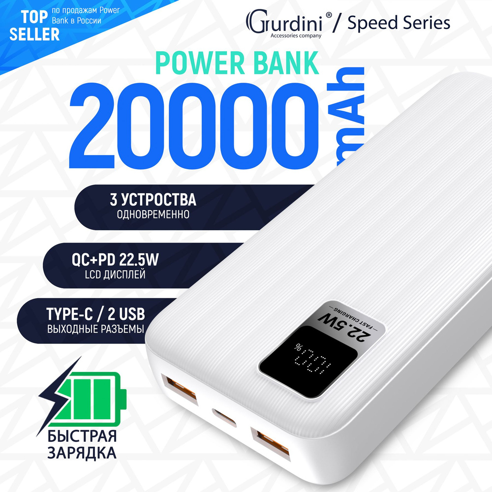 Power bank, внешний аккумулятор Speed Series LCD + PD 20W+QC 22.5W 20000  mAh 2 USB Type C, повербанк с быстрой зарядкой