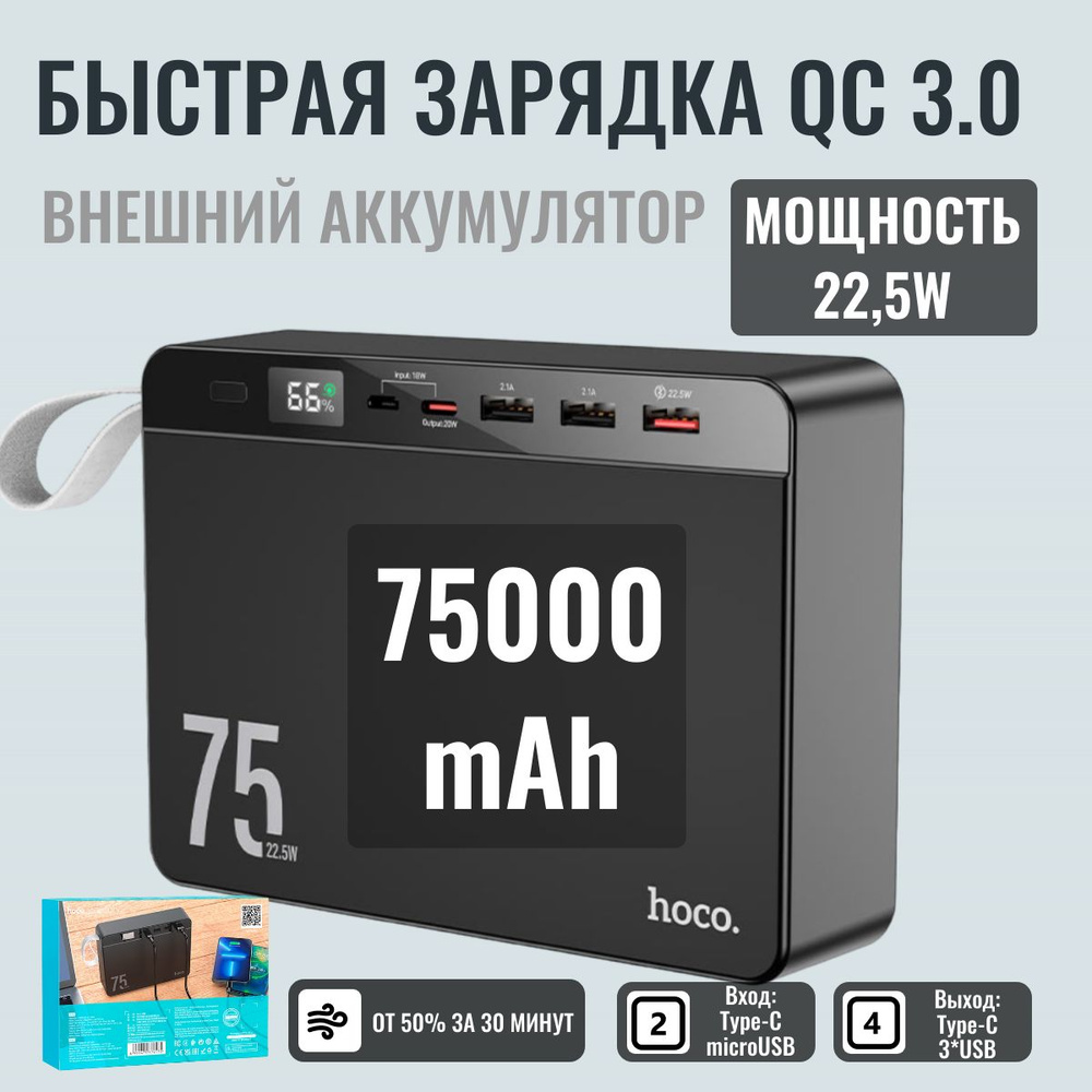 Быстрая зарядка 22,5W. Внешний аккумулятор повербанк (powerbank) HOCO J94  Type-C, 3*USB. 75000 mAh. 20W черный