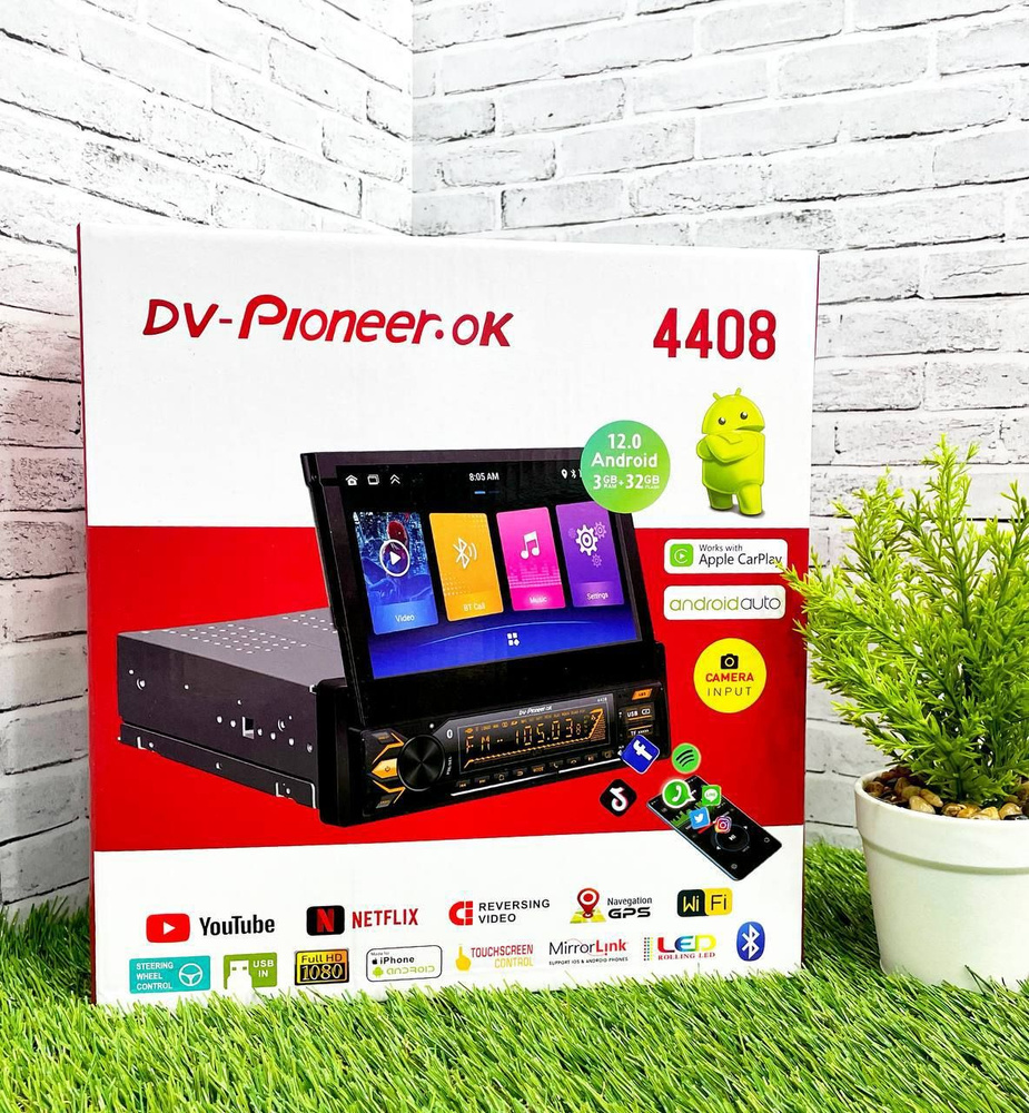 Магнитола с выдвижным сенсорным экраном DV-Pioneer.Ok 4408 Android 3+32Гб/  7