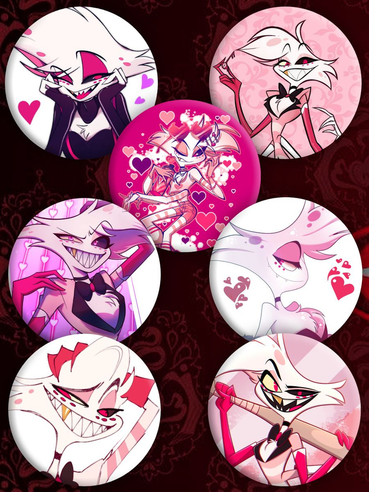 Набор значков Hazbin Hotel 7 шт 44 мм/ Отель Хазбин / Энджел Даст